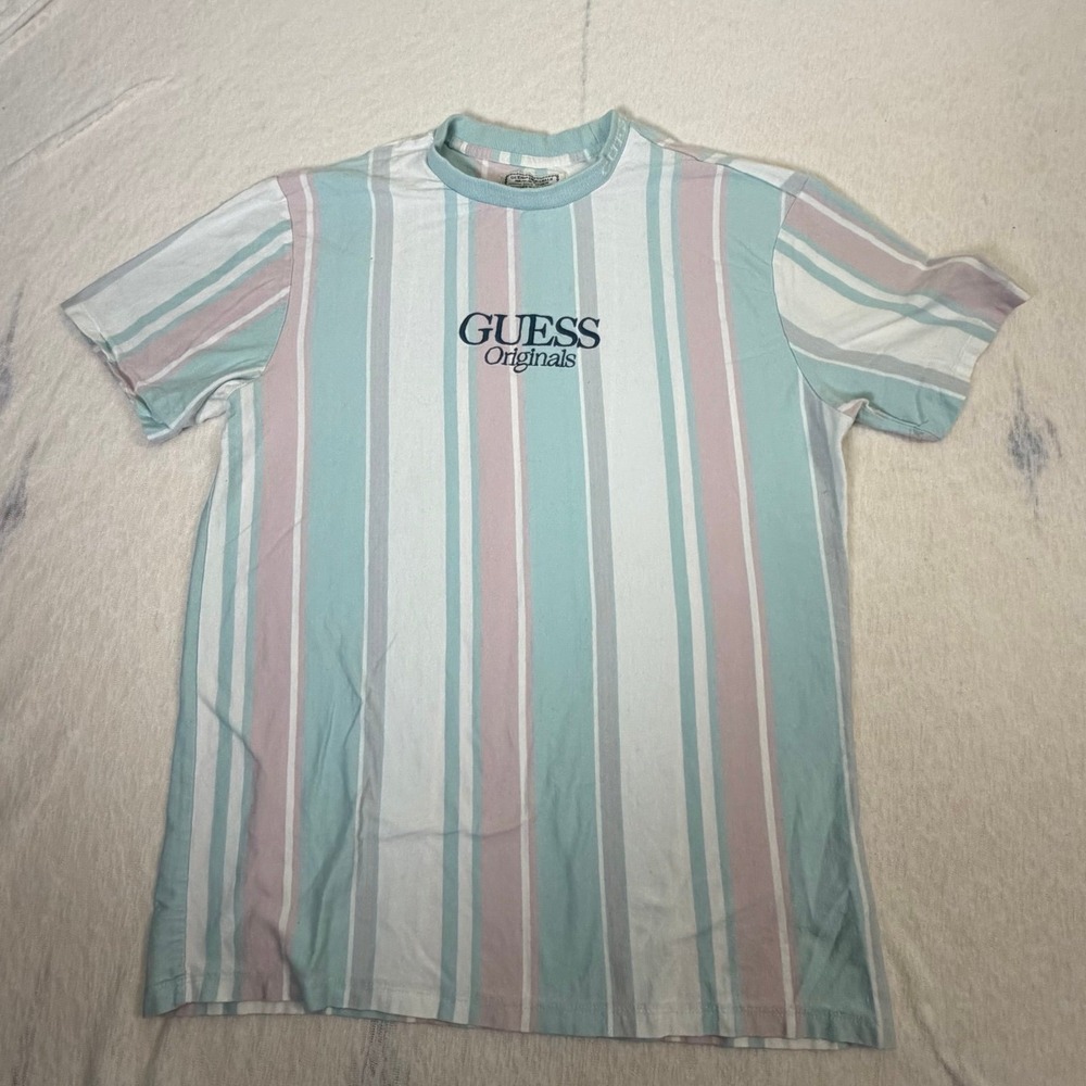 GUESS Originals Striped T Shirt Small Pastel Logo Tee Vintage Style